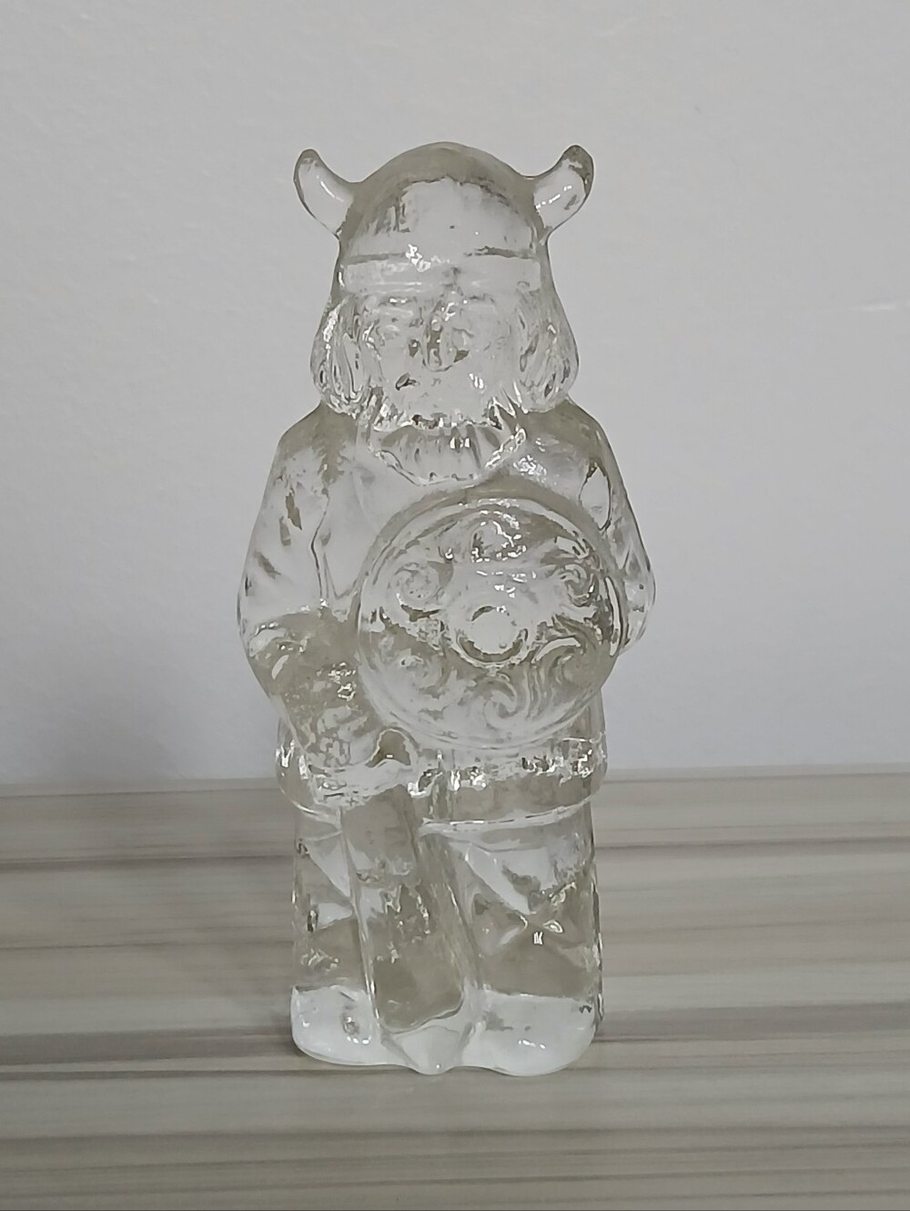 Vintage Bohemia Glass Viking Figurine Clear Glass Warrior Shield Sword Czech